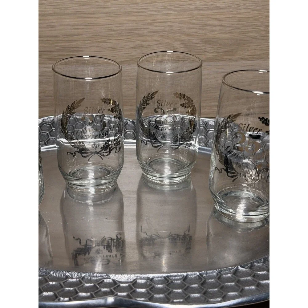 Vintage Glass Silver 25th Anniversary Set of 4 Drinking Glasses 5”